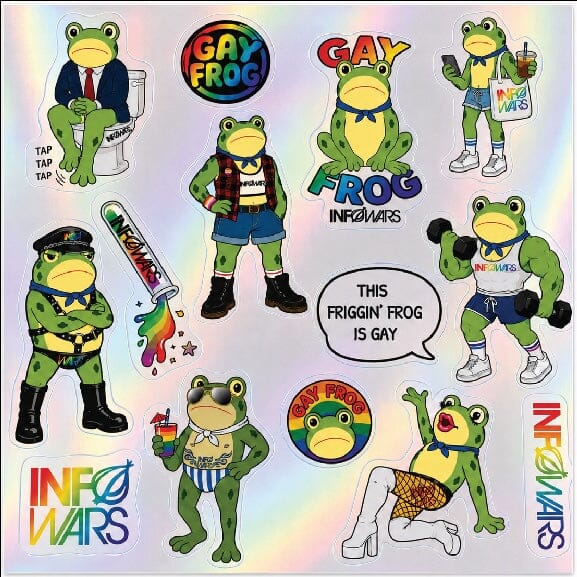 A sheet of die-cut stickers on a Holographic sheet featuring cartoon green frogs in various poses and outfits.