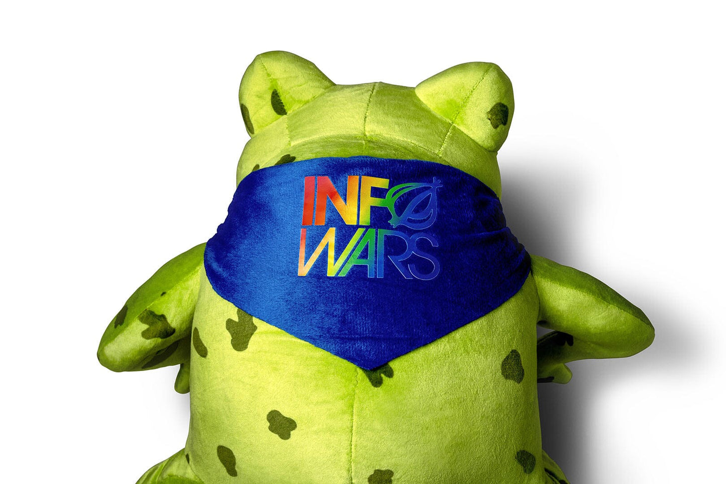 A green plush InfoWars Gay Frog Collectible viewed from behind, wearing a blue bandana with the colorful text 'INFO WARS'.