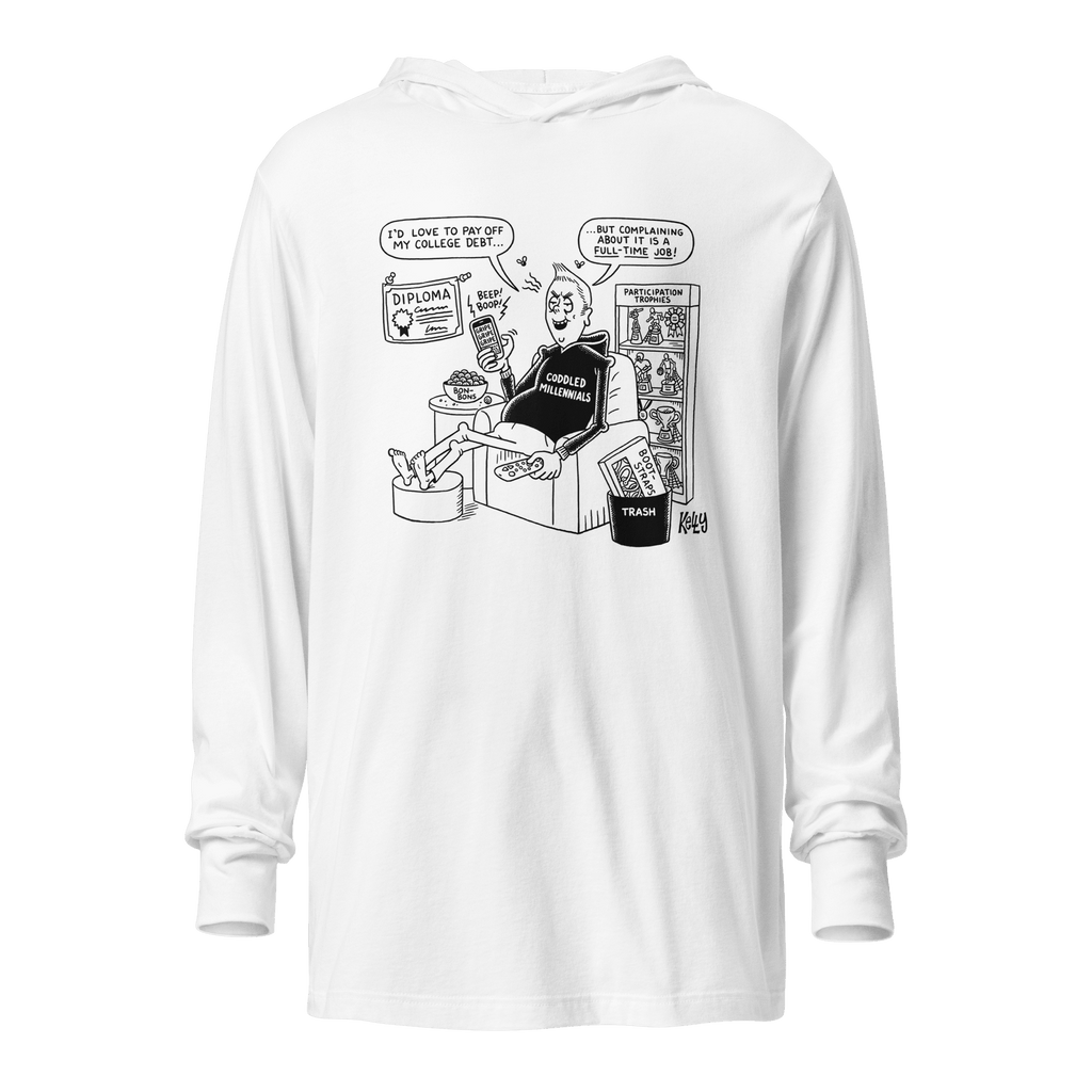 Cartoon 'Coddled Millennials' Premium Hooded Long-Sleeve T-Shirt